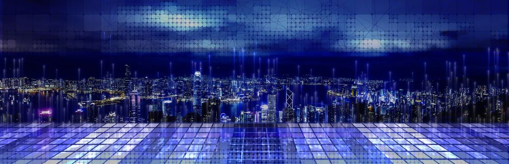 Bild futuristische Skyline einer sehr großen Stadt, alles in Blautönen. Unten ein Bild quadratischer Pixel transparent darüber liegend.